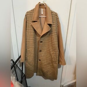 Mural Tan Plaid Trench Coat with Solid Camel Sleeves